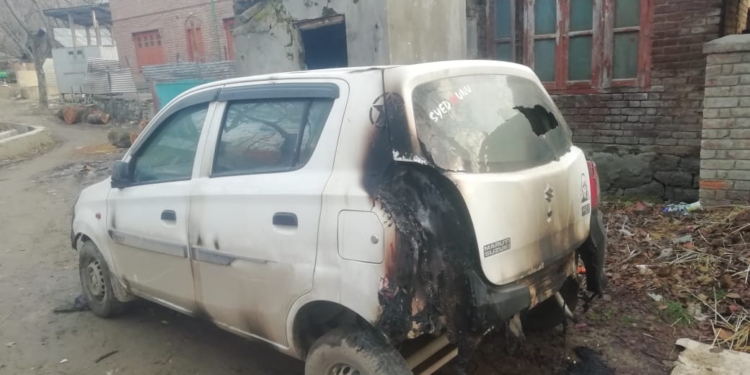 Car damages in a mysterious fire incident in Kashmir