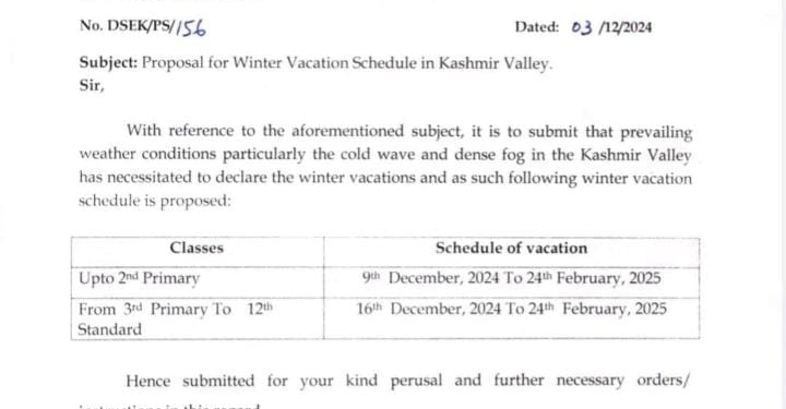 Winter vacation for primary classes in Kashmir likely from….