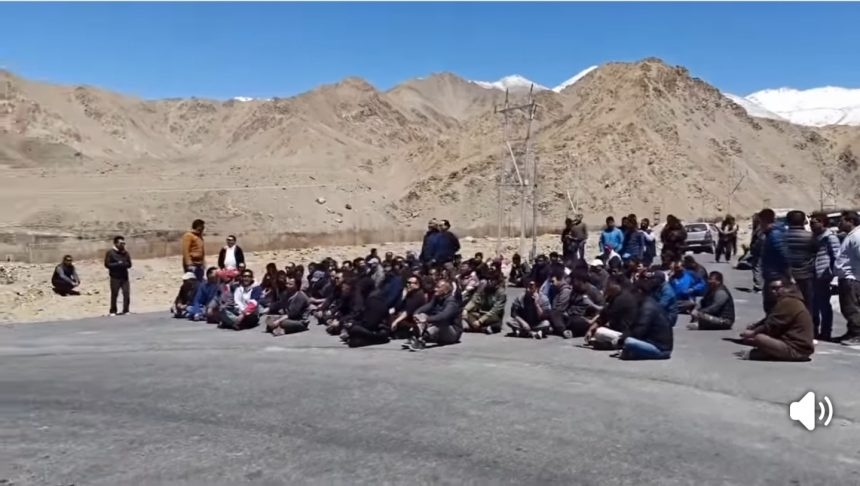 All Ladakh Transport Union stages protest against internal truck movement